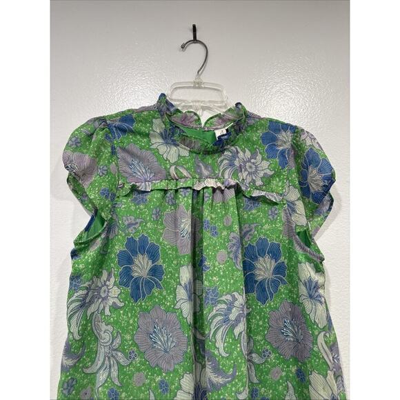 Joie Floral Print Cap Sleeve Blouse Size Large Ruffle Trim Green Lavender Boho - Picture 2 of 9